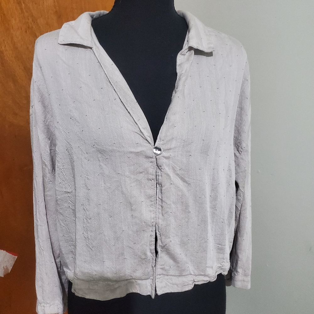 Victoria's Secret Modal Cotton Blend Cropped Jacket Shirt Large Gray Dot Herring